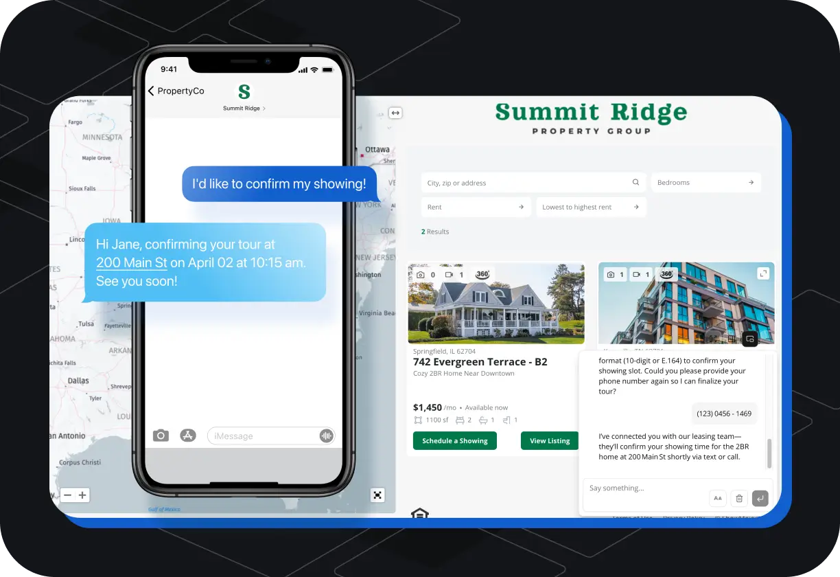 Screenshot of an AI Leasing Assistant chat bot confirming a showing with a user.