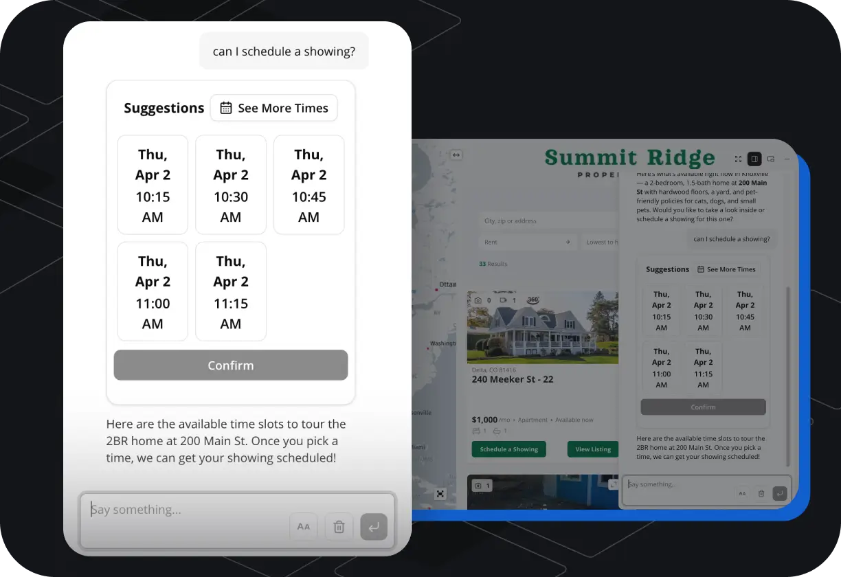 Screenshot of an AI Leasing Assistant chat bot scheduling a showing after being requested to do so by a user.
